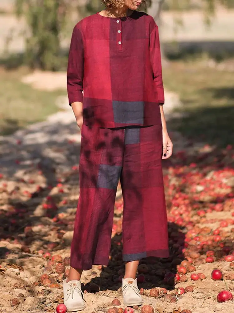 

ZANZEA Fashion Matching Sets Summer Vintage Outifits Long Sleeve Blusas Blouse and Elastic Waist Pants Women Urban Tracksuits