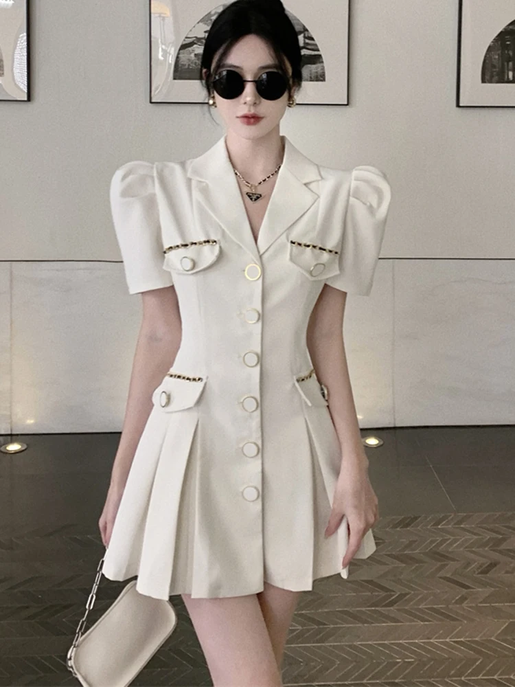 

Женское плиссированное платье-мини, Брендовое однобортное платье составного кроя с пышными рукавами в Корейском стиле, лето