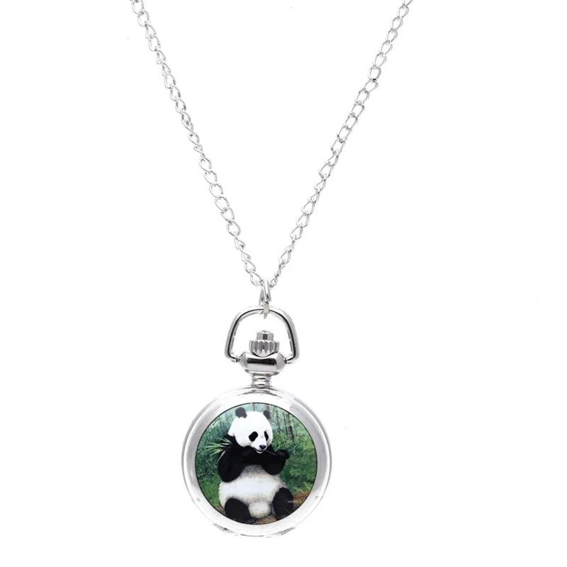 

Lady Locket Pendant Quartz Pocket Watch Necklace Chain Silver Dial Vintage Panda