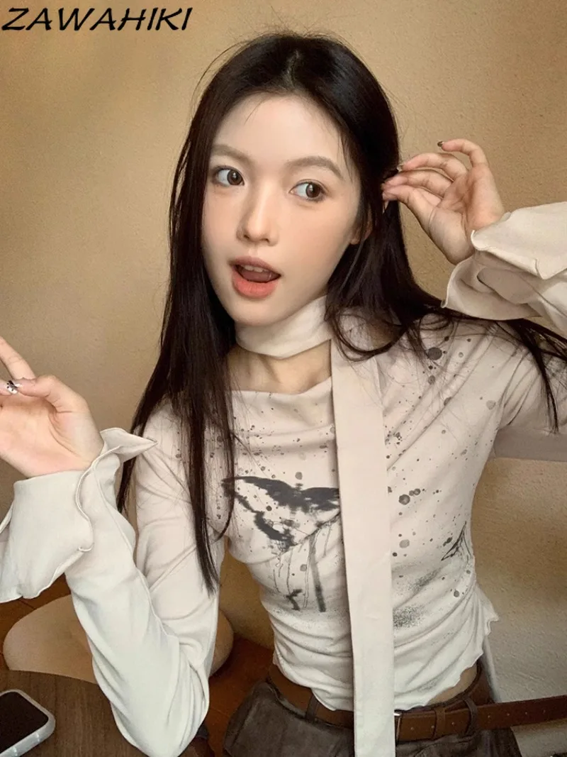 Женский трикотажный пуловер с длинным рукавом и принтом бабочки