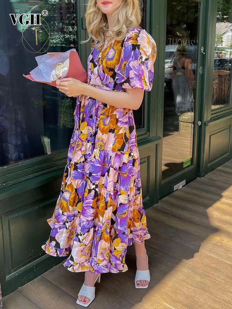 

VGH Vintage Print Colorblock Dress For Women V Neck Short Puff Sleeve Sashes Lace Up Midi Dresses Female 2022 Summer Clothes New
