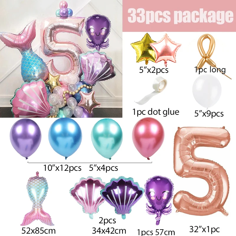 

33Pcs Little Mermaid Party Balloons Favors 0 to 9 Birthday Party Balloon Baby Shower Birthday Ocean Theme Party Decorations