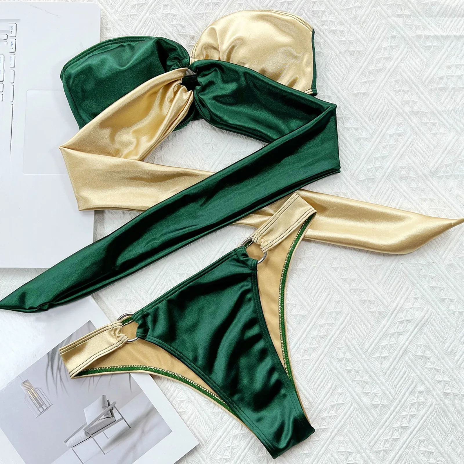 

Boy Shorts Swimsuits for Women Womens Self Tie Knot Strapless Bandeau High Cut High Halter Top Swimsuits for Women with Shorts