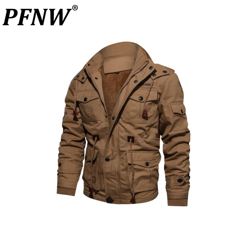 

PFNW Hooded Military Uniform Style Thickening Jacket Men's Autumn Winter Fleece Casual Tops Distressed Washed Coat Male 12A1966