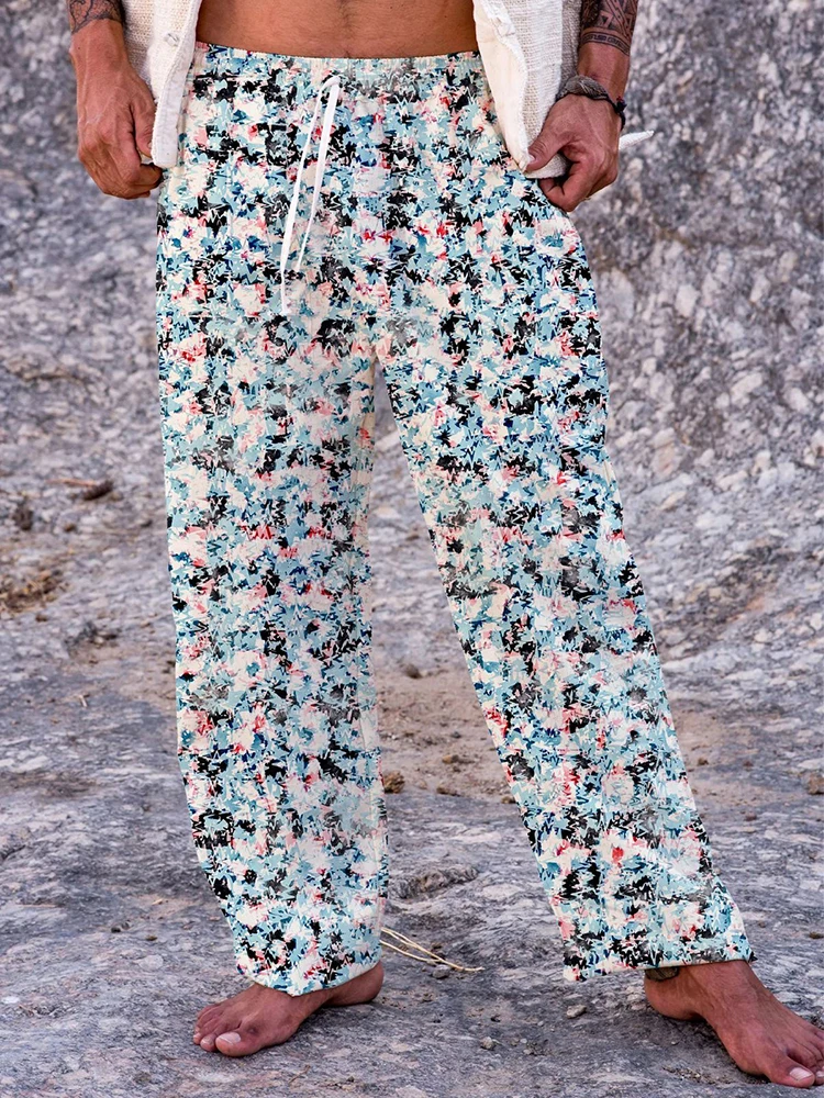 

Male High Waist Cotton Linen Color Blocking Beach Pants Fashion Elastic Waist Fitness Pants Casual Pattern Printed Long Trouser