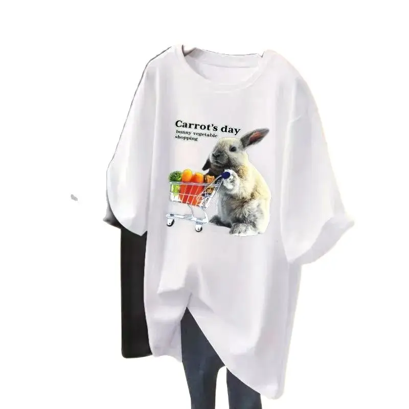 

Cotton T-shirt Women's Summer Blouse Trend Korean Version Of Loose Printing Short-sleeved Two-piece Casual Long T-ShirtFomen's