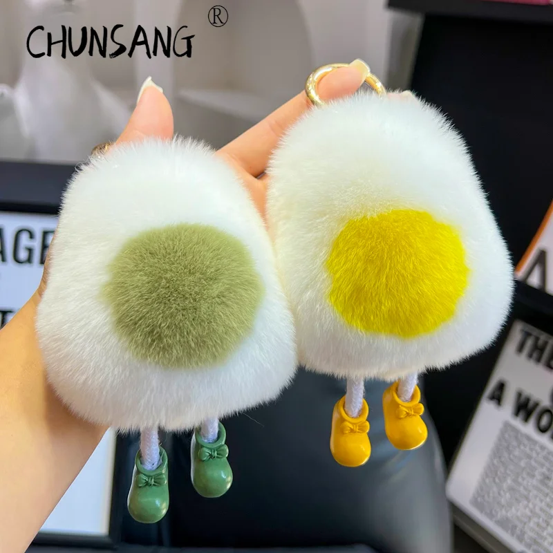 Eggs New In Rabbit Real Fur Handmade Cute Key Chain Keychains Bag Accessory Car Keychain Keyrings Gifts for Women Girls Ins