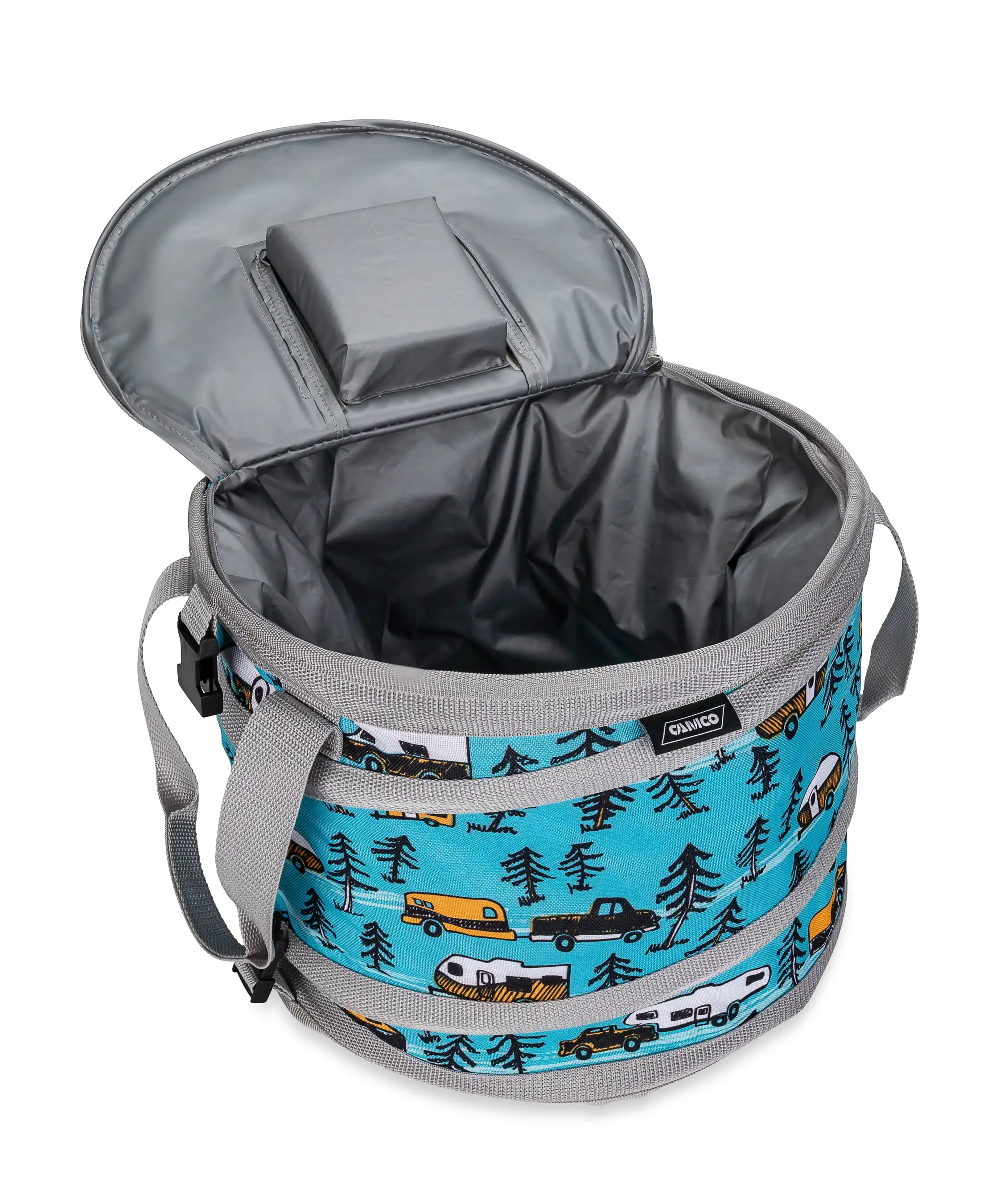 

Life is Better at The Campsite Pop-Up Cooler | Features an RV Sketch Design | Fabric, PVC Lining, and a Wire Frame | Blue/Teal a