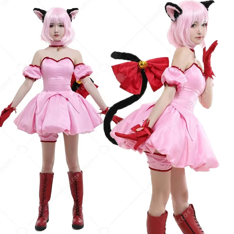 

Ichigo Momomiya Mew Ichigo Pink Dress Tokyo Mew Mew Transformed Short Cat Ears and Cosplay Costume with Halloween Dresses Tail