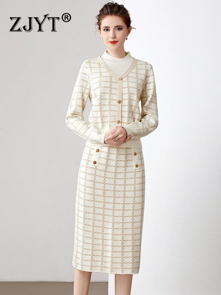 

ZJYT Runway Fashion Geometric Patterns Knitted Sweater and Skirt Set Women Elegant Vintage Outfits Casual Basics Dress Suits