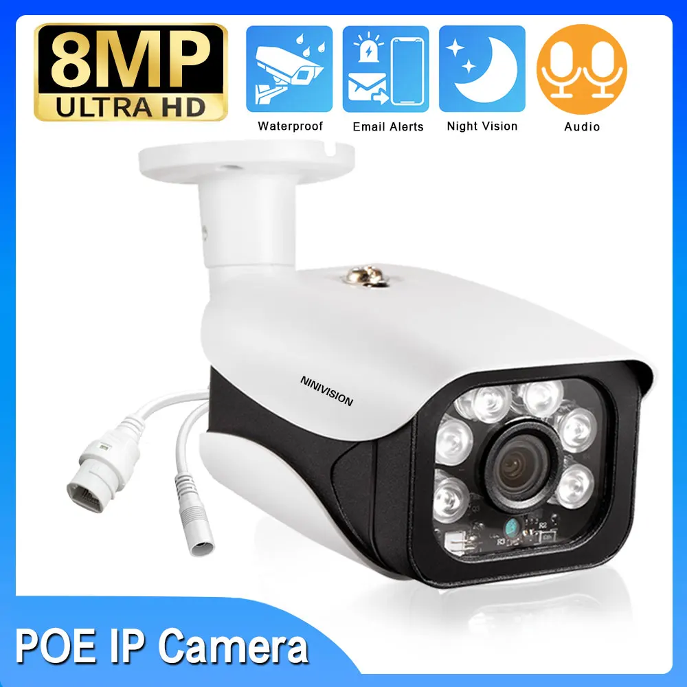

8MP 4K IP Camera Outdoor Ai Motion Detection H.265 Bullet CCTV Array Night Vision IR 2K POE IP67 Video Security Camera RTSP