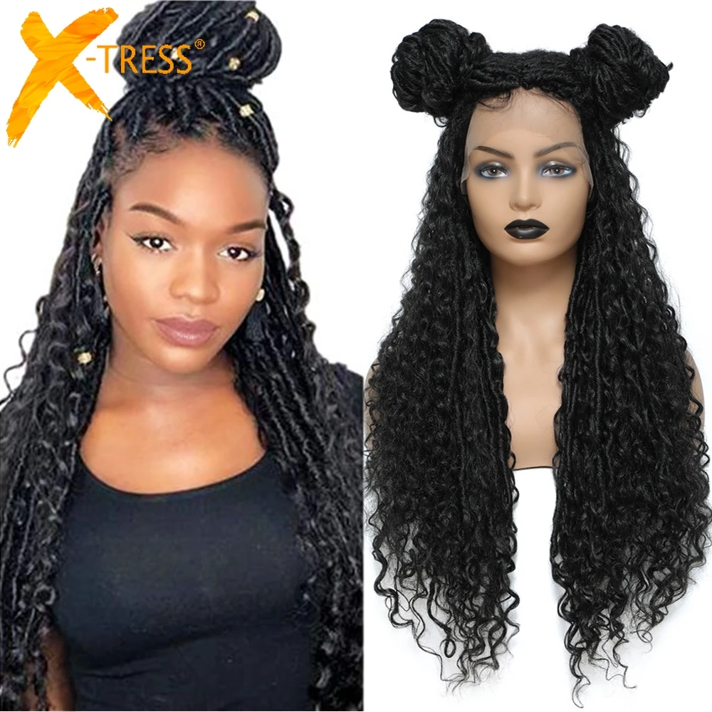 Synthetic Curly Braided Wigs For Black Women Black Colored Faux Locs Crochet Braids Mixed Water Wave Hair Wig With Baby Hair