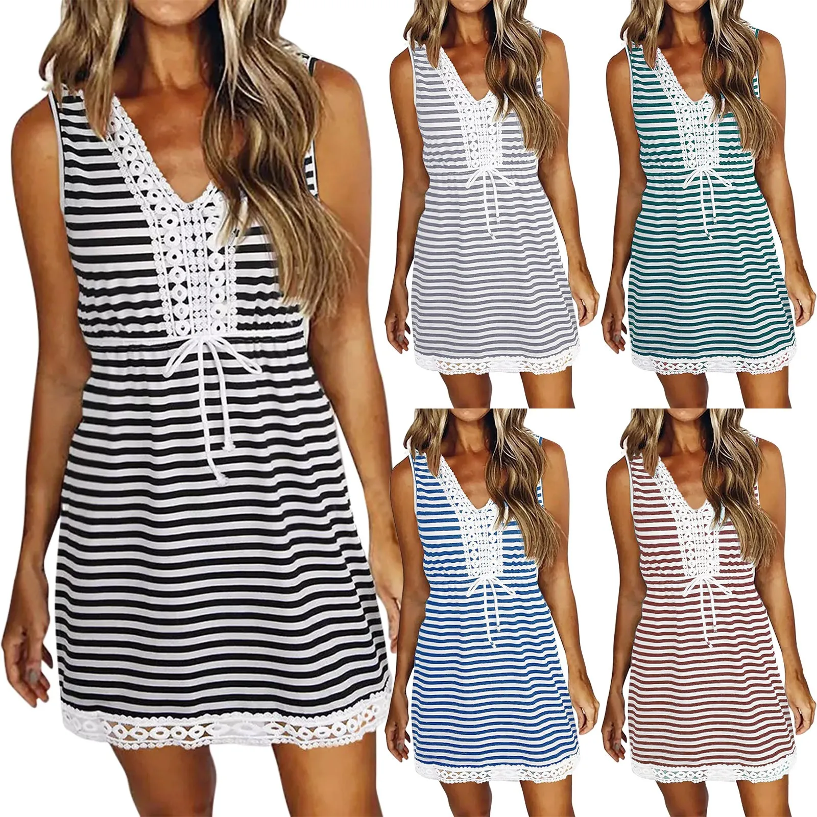 

Ladies Summer Fashion Stripe Lace Stitching Tie Sleeveless Mini Casual Dress Shirt Dress for Women Long Sleeve