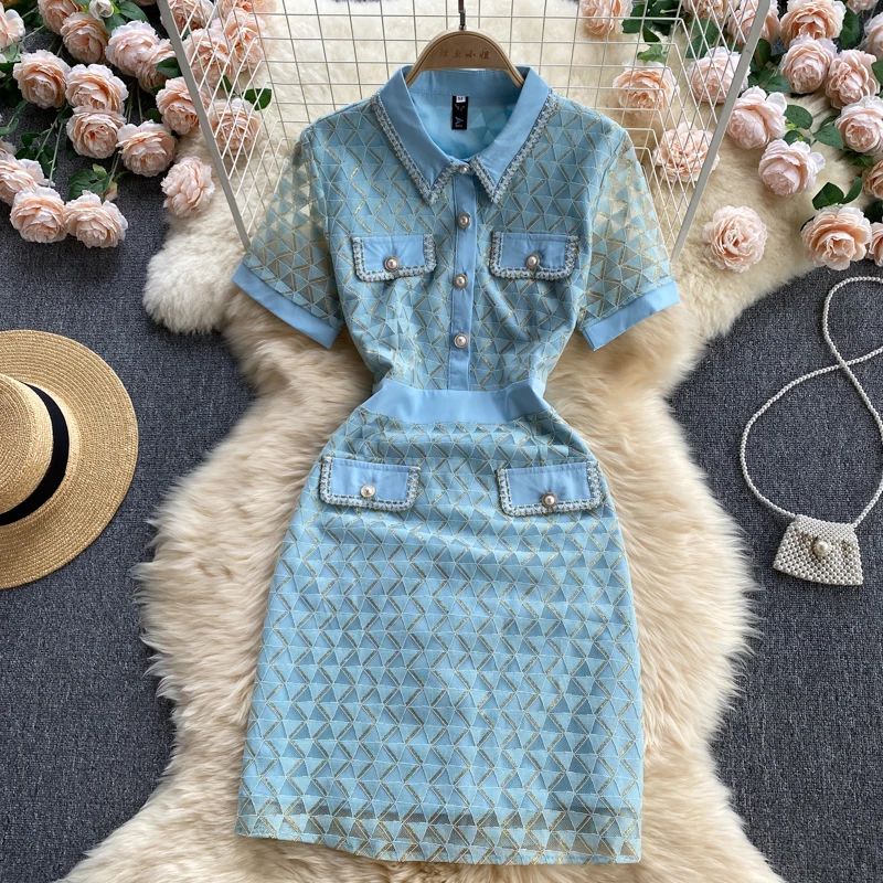 

Summer Ladies Dresses For Women 2022 POLO Collar Elegant Dresses Breasted Slim Short Sleeve Party Dress Vintage Dress платье