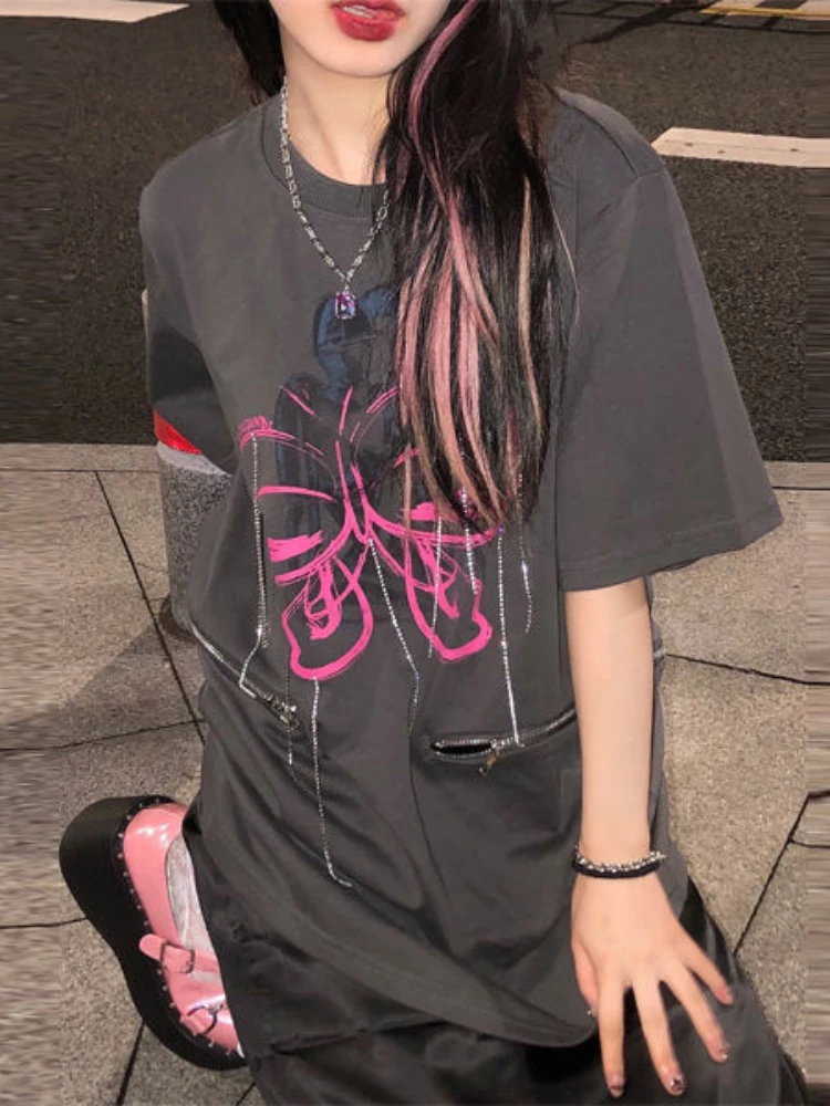 

Butterfly Print Rhinestones T-shirts Women Casual Zipper Patchwork Harajuku T Shirt 2022 Summer Korean Fashion Y2k Aesthetic Tee