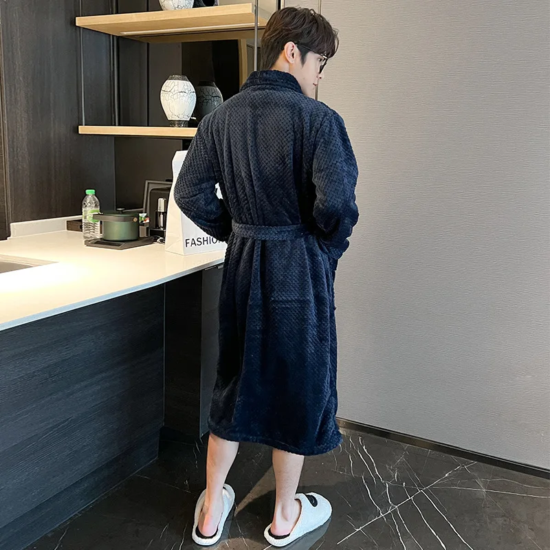 Navy Winter Couple Nightgown Women Flannel Long Robe Thick Warm Sleepwear Men's  Bath Bathrobe Home Wear Size L XL XXL