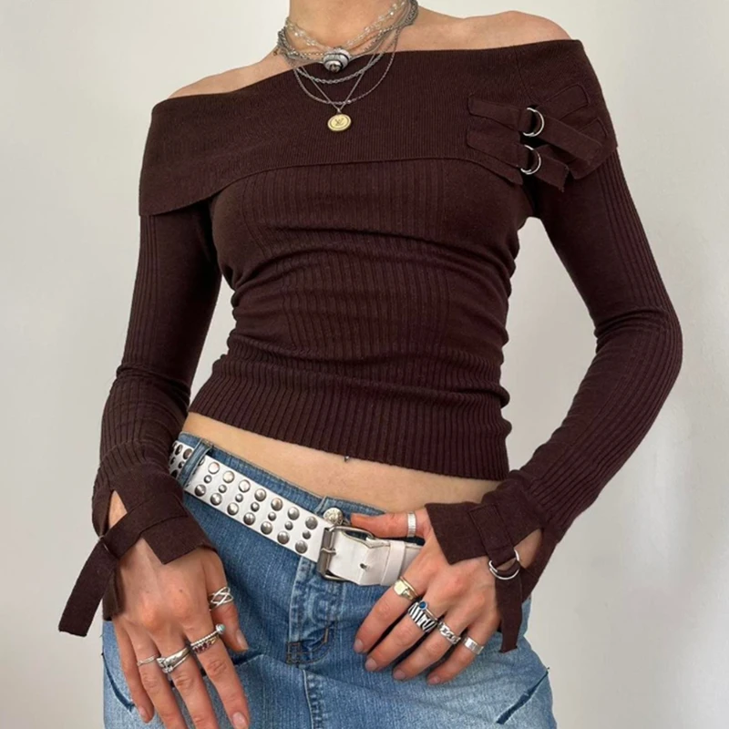 

Cyber y2k Crop Top Grunge Aesthetics Clothes Women Solid Color Off Shoulder Long Sleeve Ribbed Tee Vintage Clothing Goth T Shirt