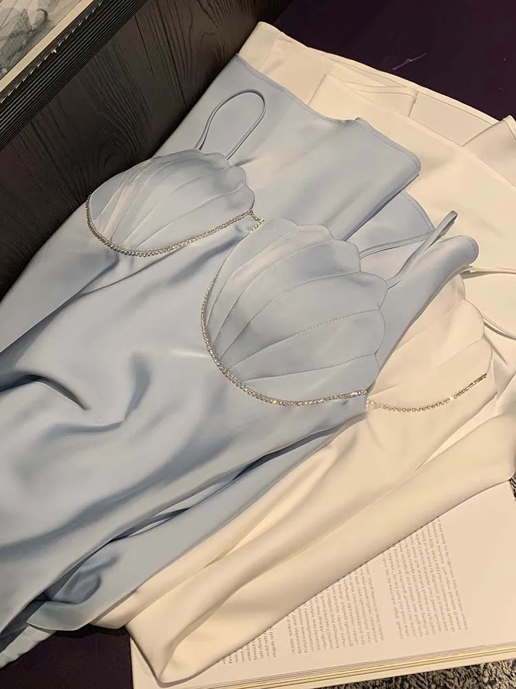 

Midi Dress For Women Sexy Elegant Luxury Satin Dress Solid Backless Summer Party Spaghetti Strap Dress Casual Pajamas Female