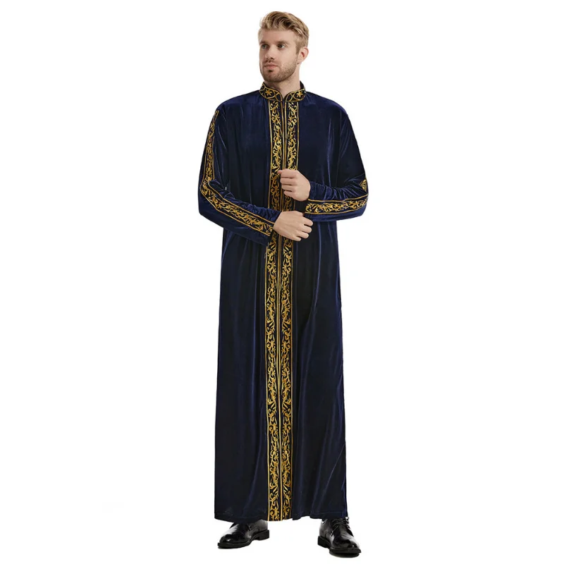 Men Jubba Thobe Saudi Arabia Islam Clothing Velvet Embroidery Long Sleeve Zipper Abaya Muslim Fashion Kaftan Muslim Men Clothing