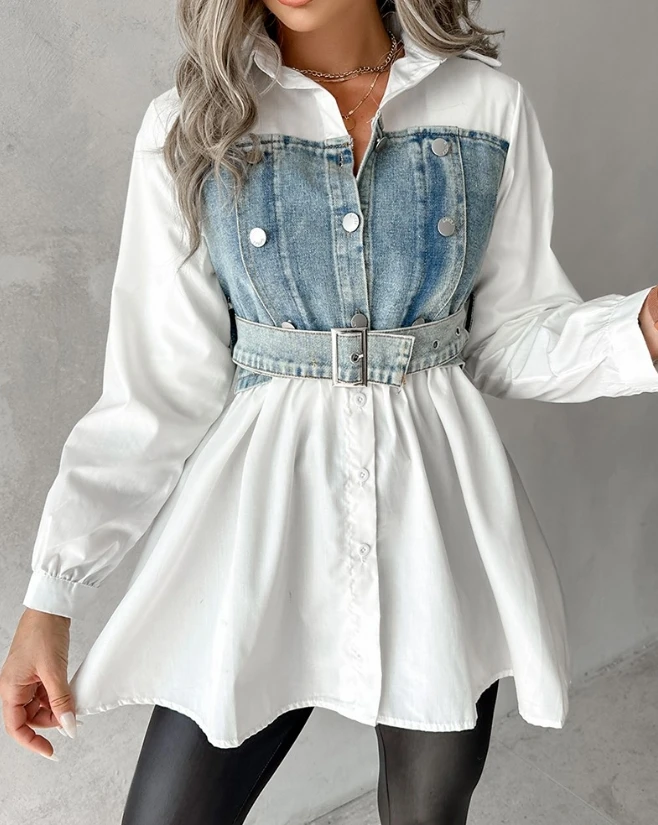 

Women's Shirt 2023 Spring Fashion Denim Patchwork Elegant Colorblock Turn-Down Collar Long Sleeve Buttoned Daily Shirt Top