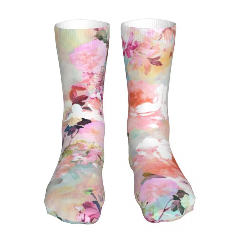 

New Socks Male Mens Women Casual Romantic Pink Teal Watercolor Floral Socks Flowers Skateboard Socks All Year Long