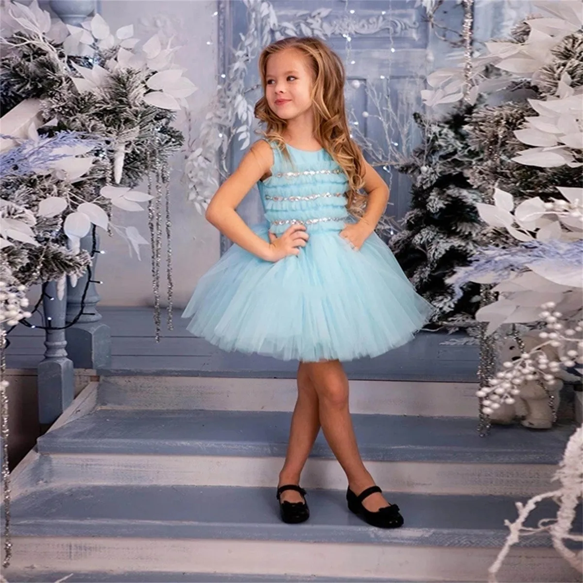 

Красивое платье небесно-голубого цвета без рукавов с цветами для девочек, блестящее бальное платье с кристаллами, платья принцессы для первого причастия, дня рождения