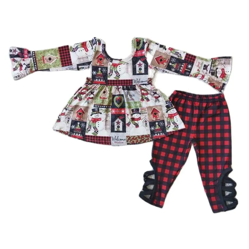 

Baby Girl Clothes Snowman Print Multicolored Long Sleeve Top And Plaid Pants Set Rts Children Christmas Costume Winter Outfits