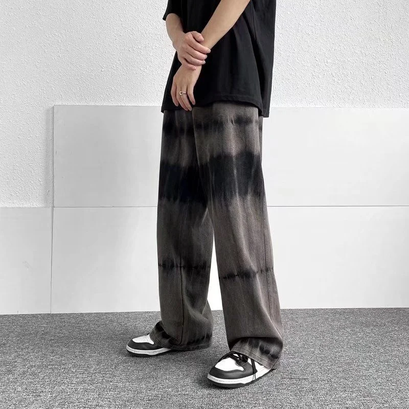 Grey Tie Dye Baggy Jeans Men Fashion Retro Casual Wide Leg Jeans Mens Japanese Streetwear Hip Hop Loose Denim Pants Men Trousers