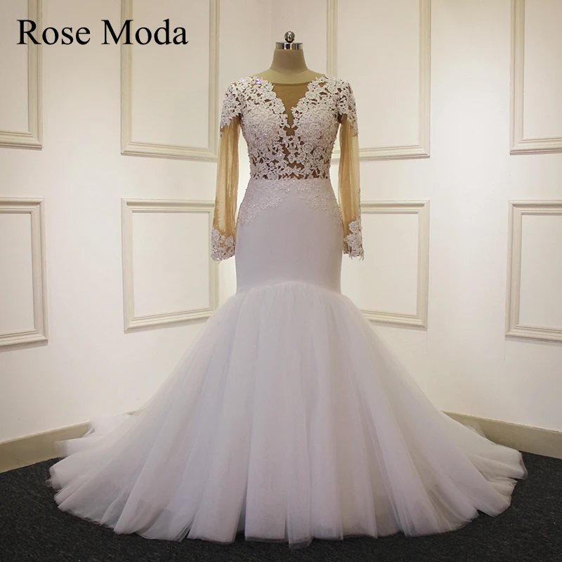 

Rose Moda Long Lace Sleeves Mermaid Wedding Dress Real Photos Custom Make