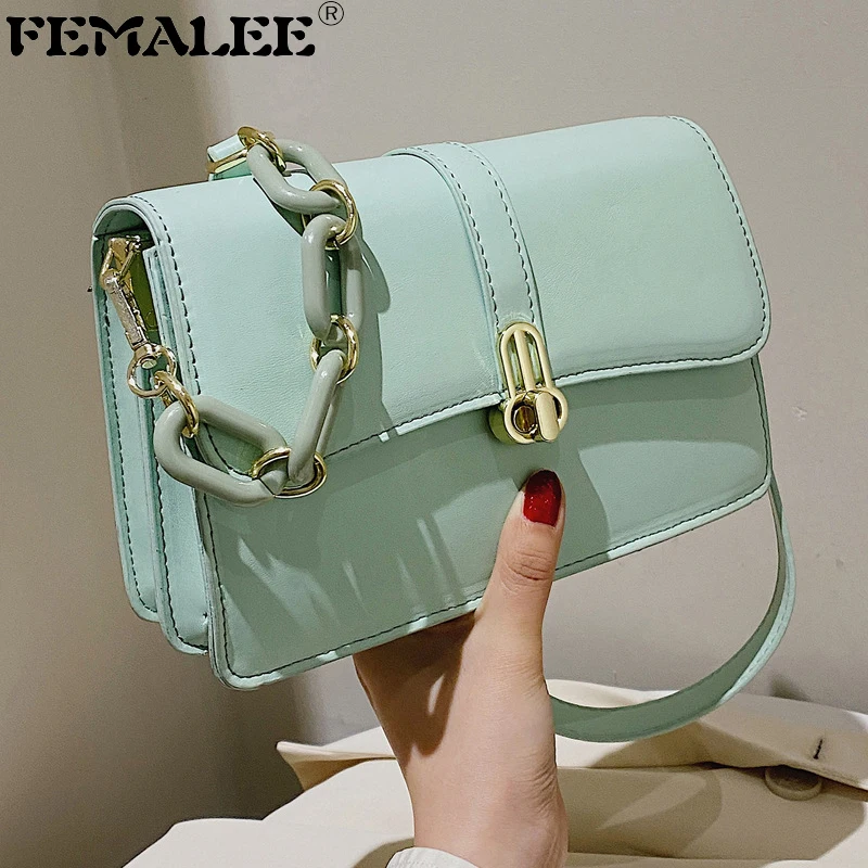 

High Sense Thick Acrylic Chain Women Shoulder Bag 2022 Fashion Pu Leather Crossbody Bags New Brand Designer Ladies Lock Handbags
