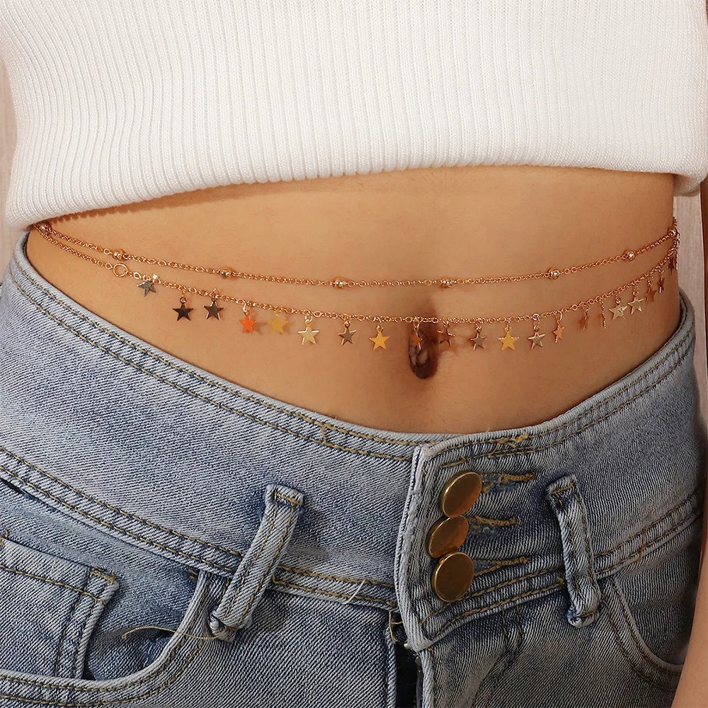 

New Arrival Five-pointed Star Double Waist Chain Womens Fashion Rice Bead Charms Belly Body Chain Simple Pearl Jewelry For Girls