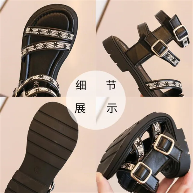 Children's Sandals 2022 Summer Kids New Fashion Beach Sandals Baby Anti-slip Shoe Girls ROMAN Sandals Strap Shiny Princess Shoes