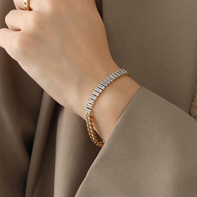 

INS 18K Gold Plated Stainless Steel Baguette Cubic Zirconia Tennis Bracelet For Women Jewelry Tarnish Free