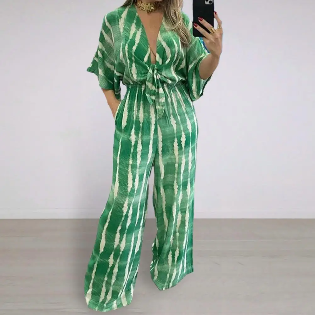 Women Deep V-Neck Batwing Sleeve Jumpsuit High Waist Lace-up Loose Wide Leg Printing Long Romper Summer Streetwear