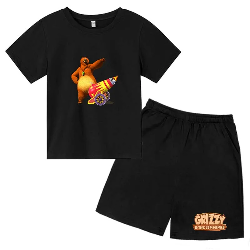 

Kids Cartoon Grizzy Print Casual Short Sleeve T-shirts+Pants Suits 4-14 Years Boys Girls Summer Sports Outfits Children Clothes