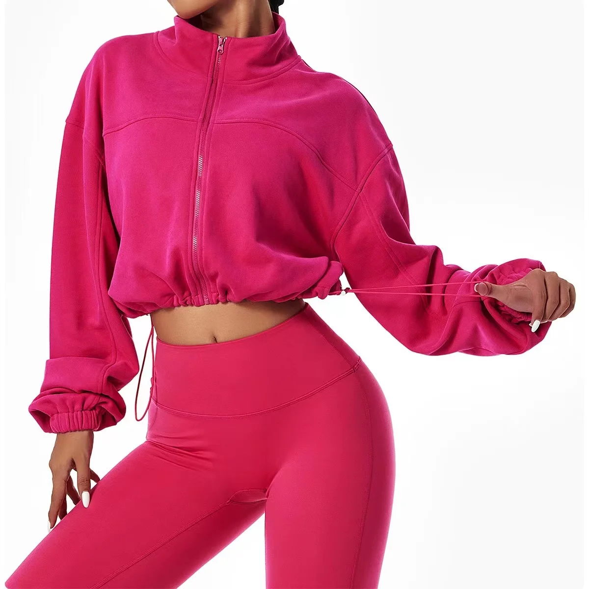 

Loose Long Sleeve Casual Sport Coat Women's Outdoor Running Cycling Training Zip Crop Top Fitness Yoga Sweater Winter Coat Set F