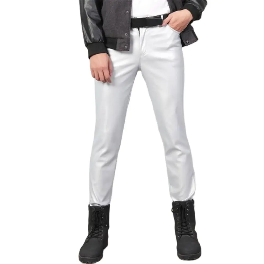 Брюки мужские кожаные облегающие эластичные модные штаны из искусственной кожи