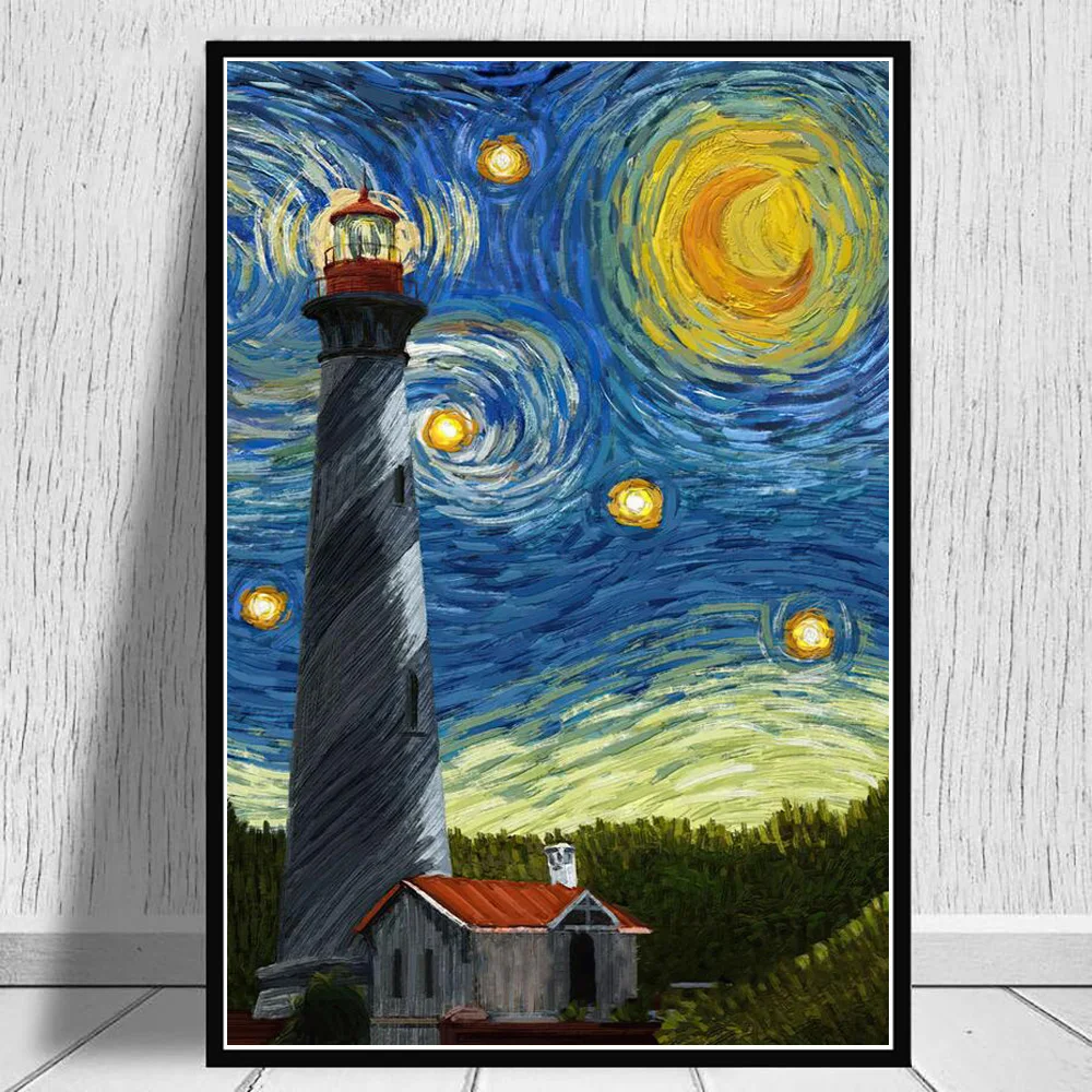 

Картина на холсте Lighthouses с изображением звездной ночи, маячок для импрессионизма, домашний декор, настенный постер, картина для гостиной