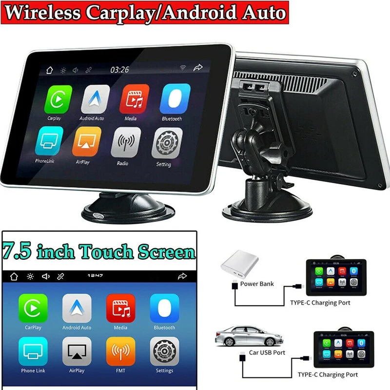 

Wireless Carplay Android Auto Carplay Tablet Portable Multimedia Player 7.5 Inch Screen Dual Bluetooth Car Video Players