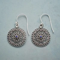 boho round hollow metal hand carved flower earrings set lapis lazuli birthstone women statement drop dangle earrings jewelry