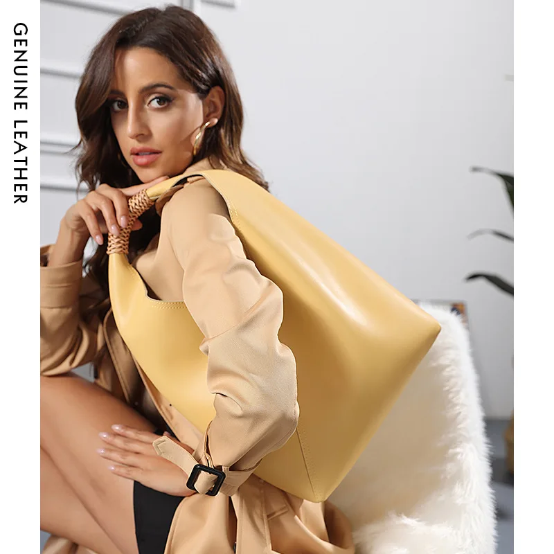 Cowhide Textured Genuine Leather Bucket Bag Women Handbag Commuter Bag Shoulder Underarm Bag Big Capacity Tote Bag Lady Purse
