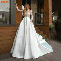 white satin wedding dress 2022 robe de mari%c3%a9e princesse long sleeves bride dresses o neck pockets appliqued vestido de casamento