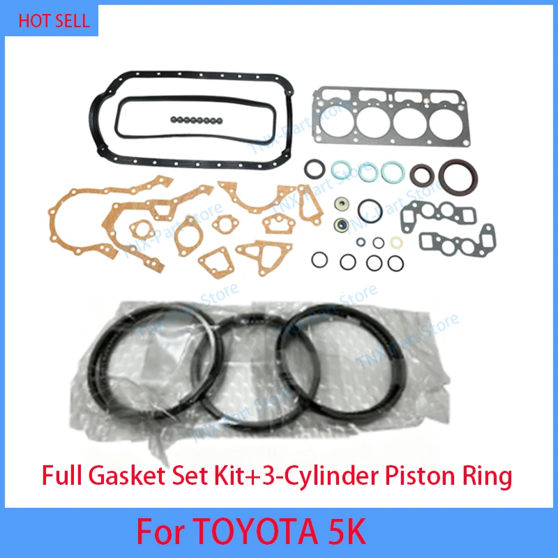 Фото Комплект прокладок 5K для TOYOTA Liteace 1.5L 1486cc + поршневые кольца, полный комплект для капитального ремонта двигателя, включая прокладку головки блока цилиндров №1