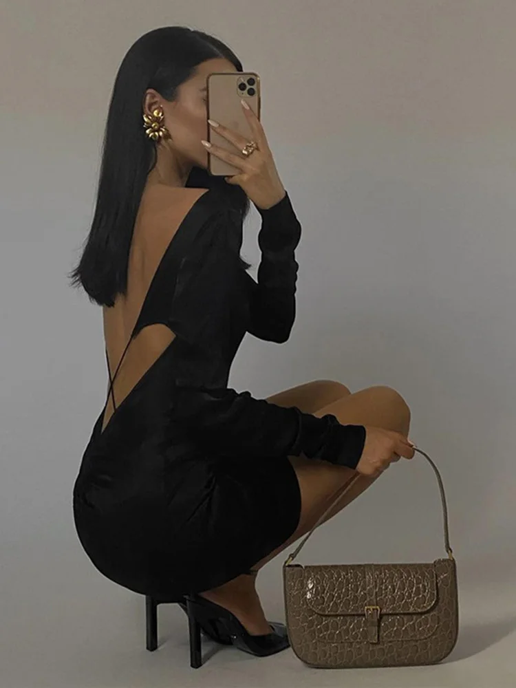 

Сексуальное короткое платье с длинным рукавом и открытой спиной для женщин, новинка 2022, элегантные обтягивающие платья с рюшами, вечерние К...