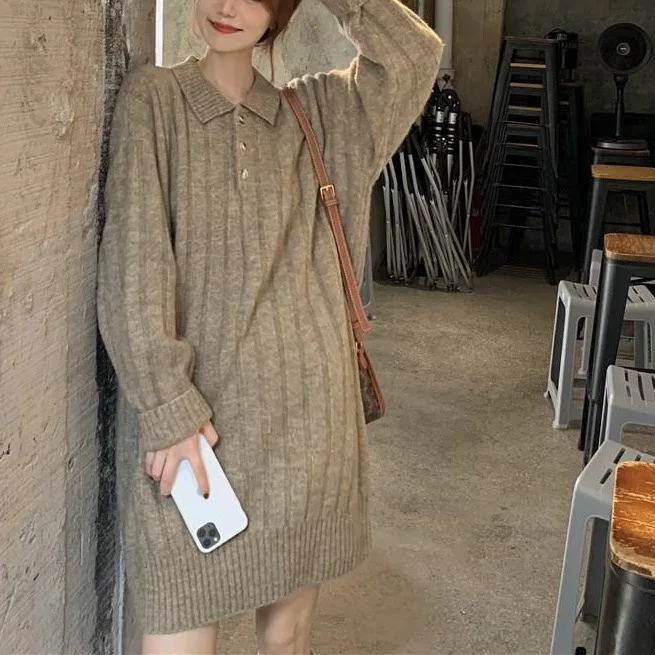 Платье-свитер средней длины для осени и зимы женская одежда новая Базовая