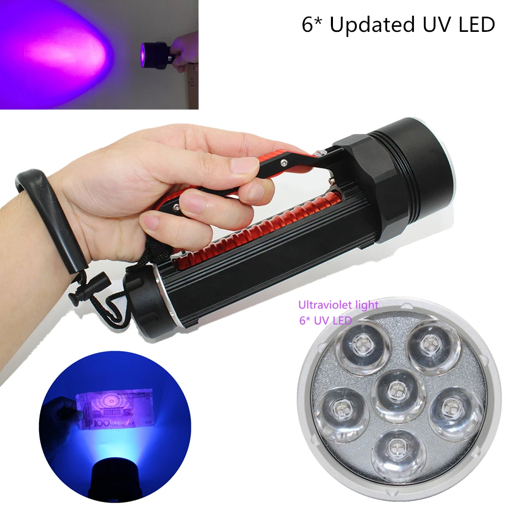 Updated UV light diving flashlight 6 x Ultraviolet UV LED Waterproof underwater scuba torch dive laterna search scorpion / amber
