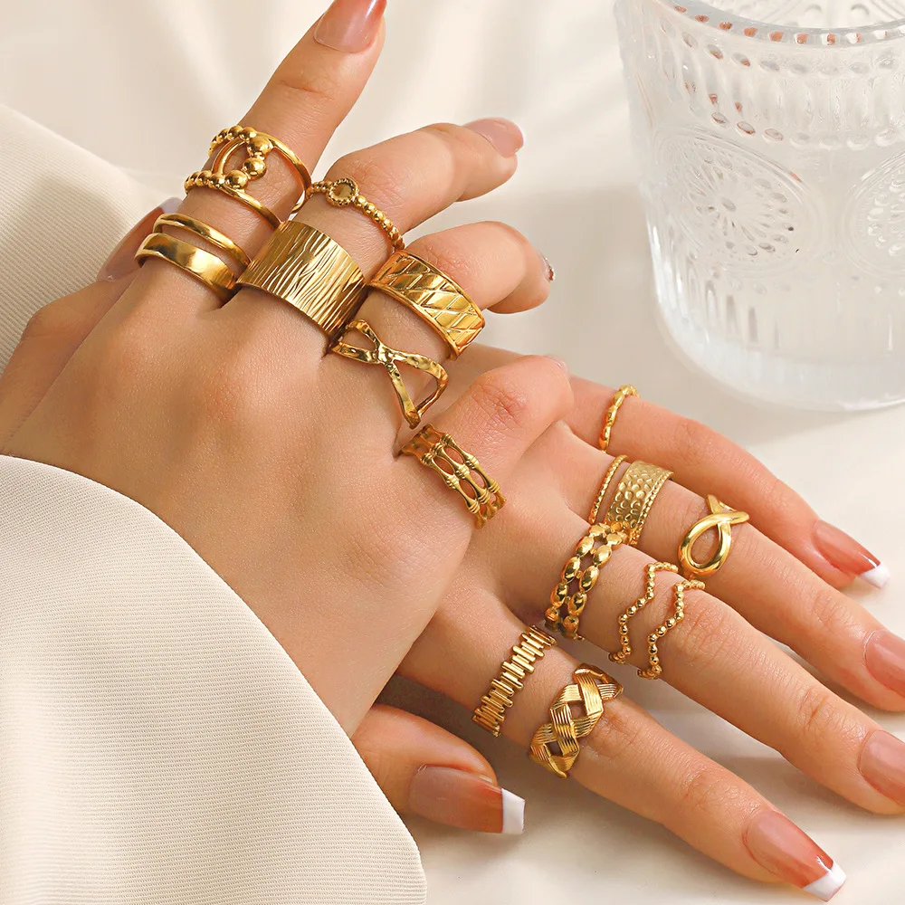 Glamorous 18K Gold-Plated Stainless Steel Rings - Bold Layered Cross Design for Women's Fashion Statement