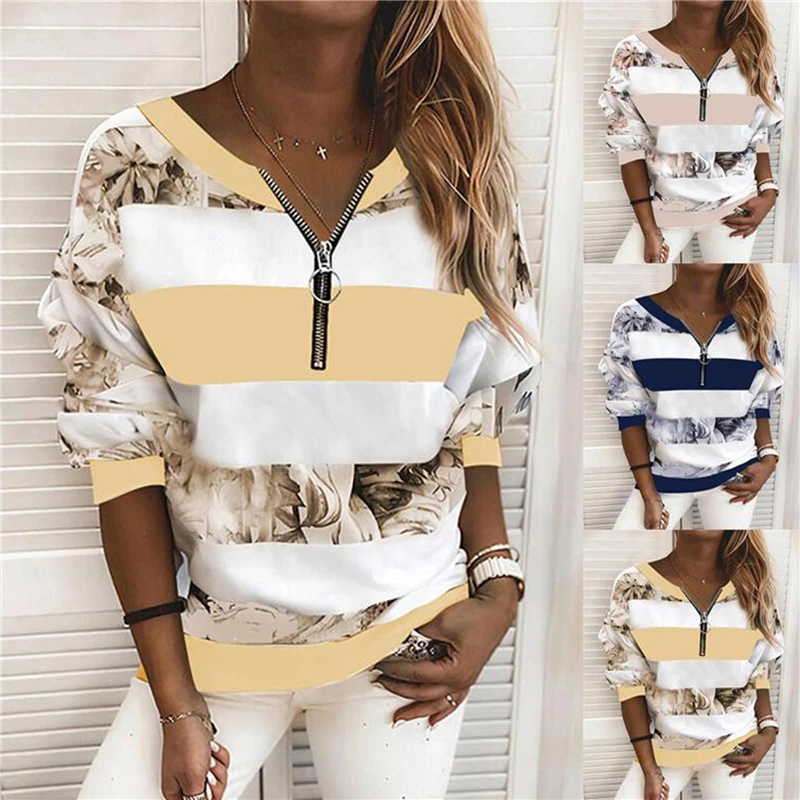 

Blouse Women 2023 Striped Floral Print V-neck Stitching Zip Long Sleeve Blouse Pullover Sweatshirt Women Tee Tops Casual Hoodie