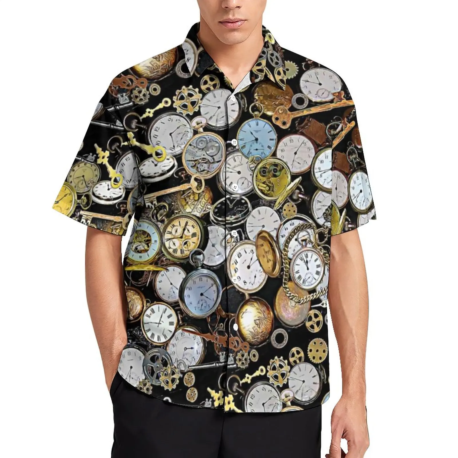 

Steampunk Themed Pocket Blouses Men Watches Gears Clocks Retro Casual Shirts Hawaiian Short Sleeve Fashion Oversize Beach Shirt