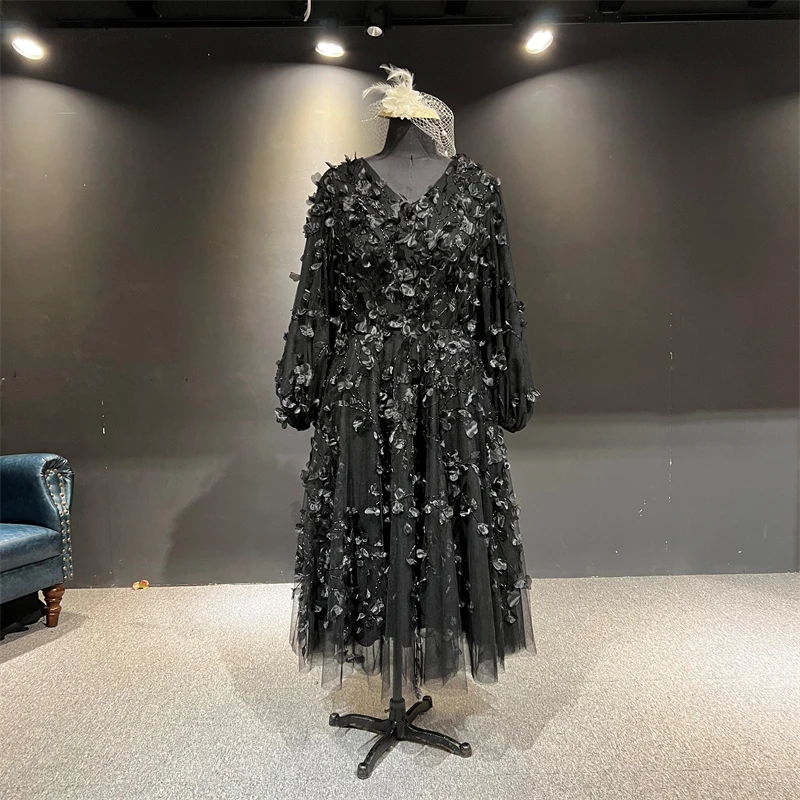 

100%Real Photos فستان سهرة Black Beads with 3D Flowers Ankle Length Full Sleeves Formal Party Mom Evening Dress vestido de noche